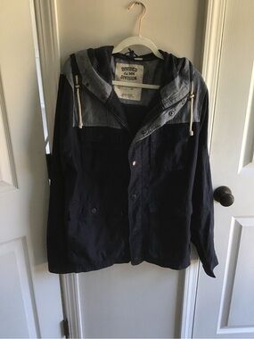 H&M Divided Women’s Large Navy Hooded Utility Jacket Colorblock 010